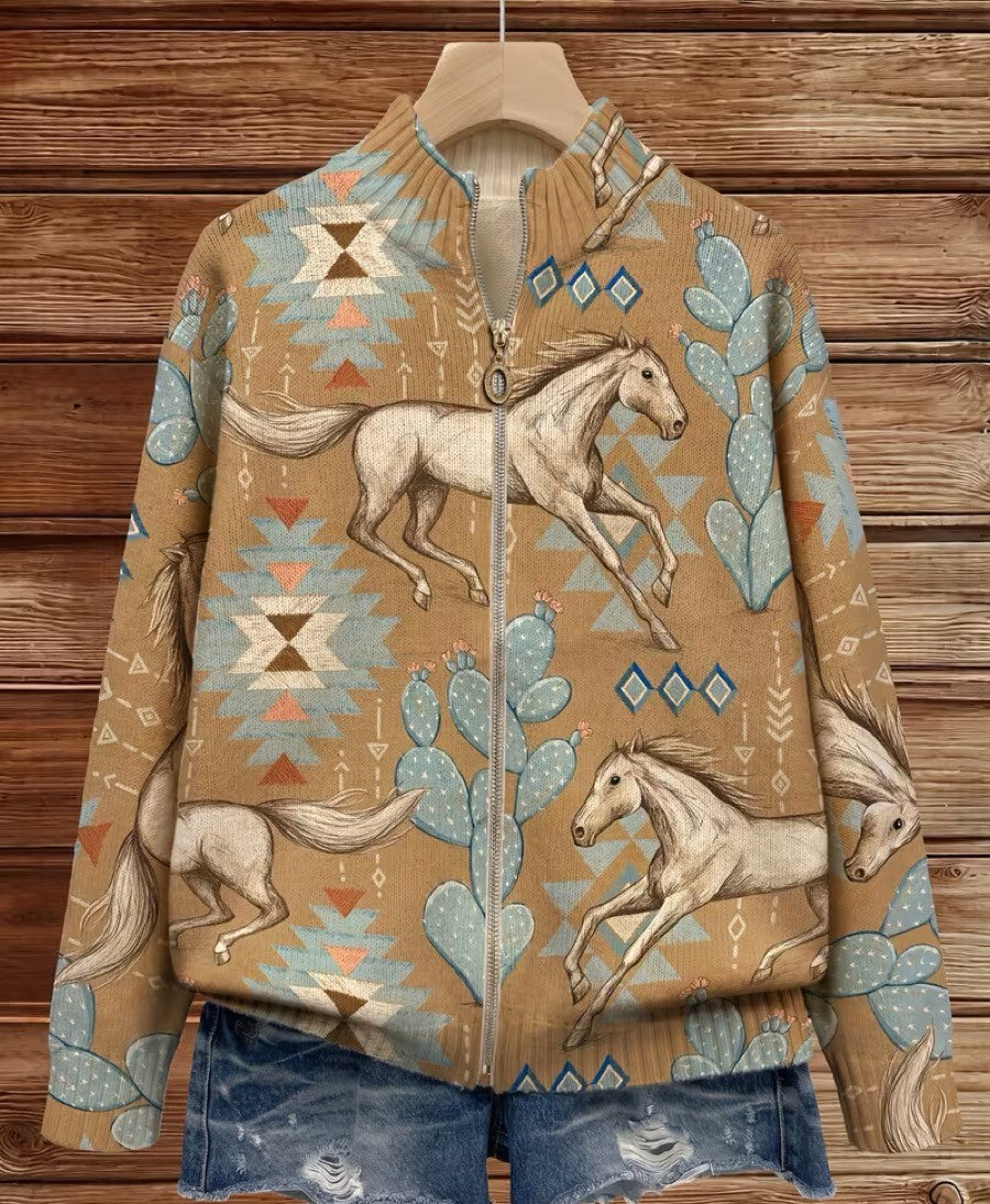 Horse and Cactus Print Zip Front Knit Cardigan