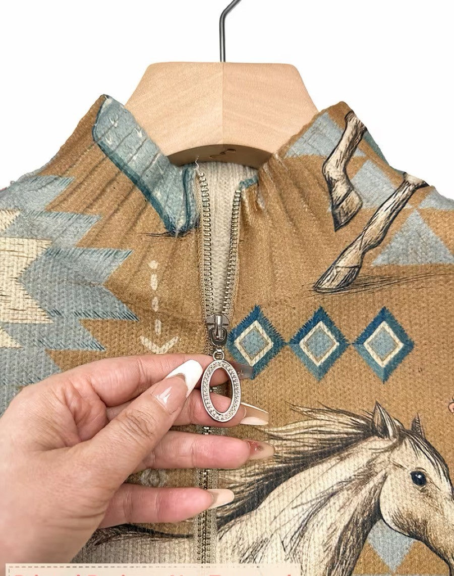 Horse and Cactus Print Zip Front Knit Cardigan