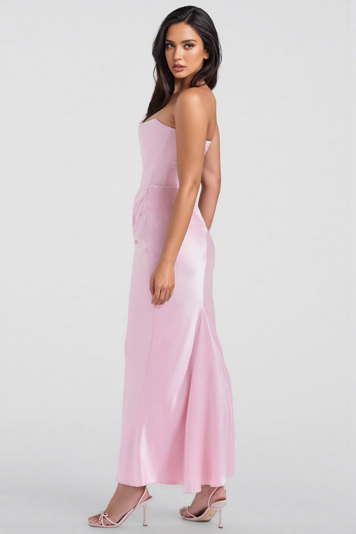 Strapless Corset Bodice Draped Waist Satin Maxi Dress 4