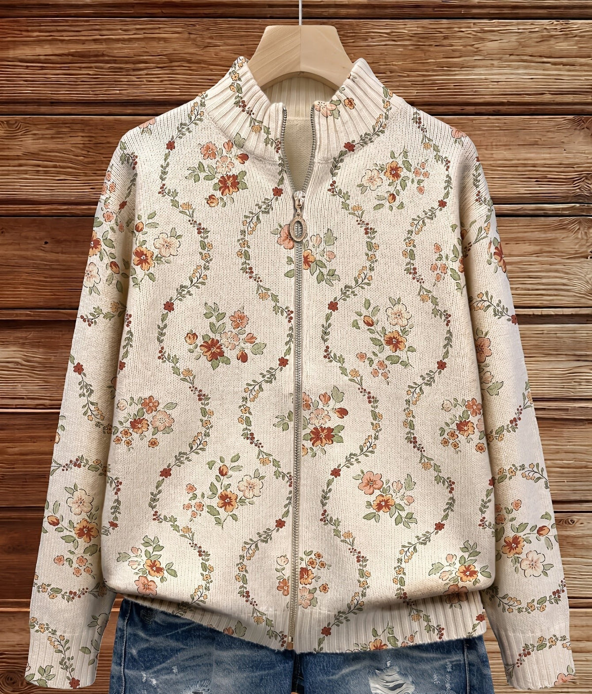 Floral Print Zip Front Stand Collar Cardigan
