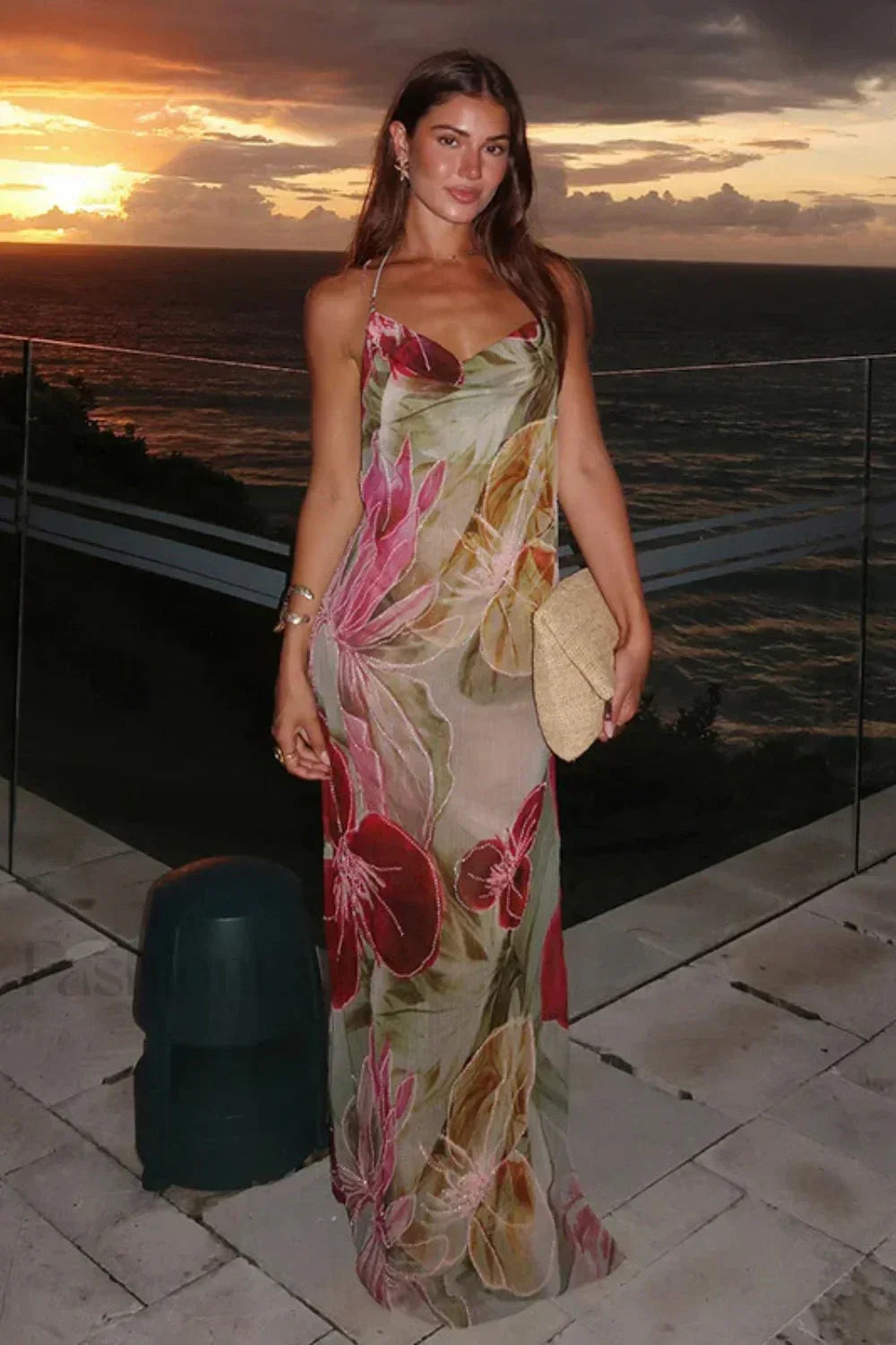 Perspective Printed Open-End Sexy Holiday Floral Dress