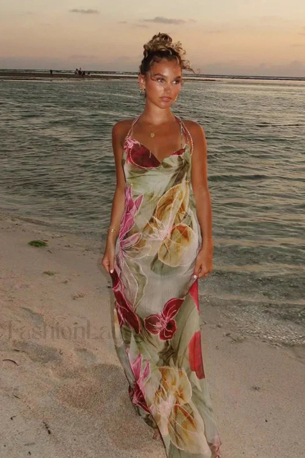 Perspective Printed Open End Sexy Holiday Floral Dress Colorful / XS