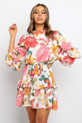 Floral High Neck Ruffle Sleeve Tiered Mini Dress 2