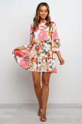 Floral High Neck Ruffle Sleeve Tiered Mini Dress 3