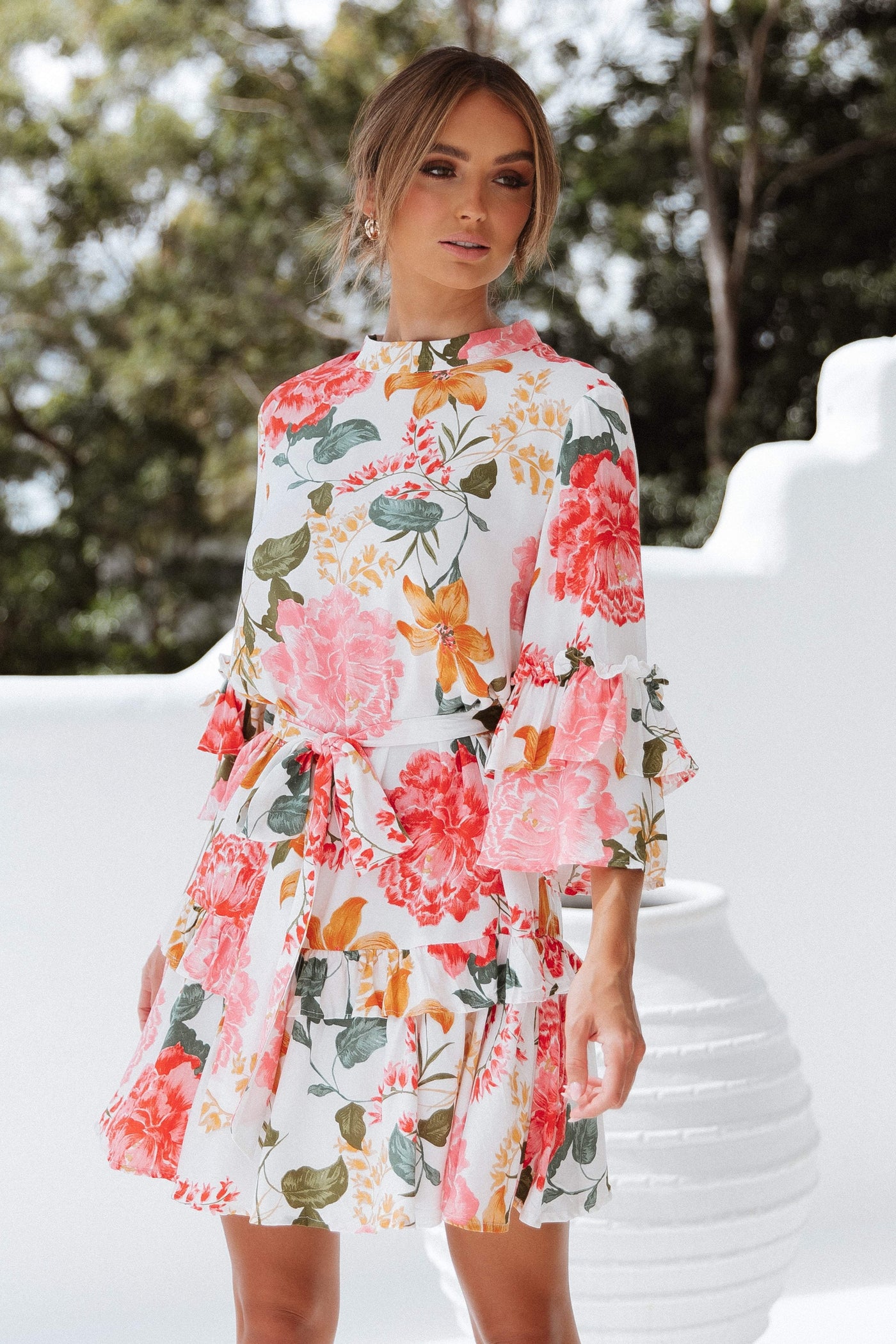 Floral High Neck Ruffle Sleeve Tiered Mini Dress