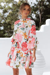 Floral High Neck Ruffle Sleeve Tiered Mini Dress