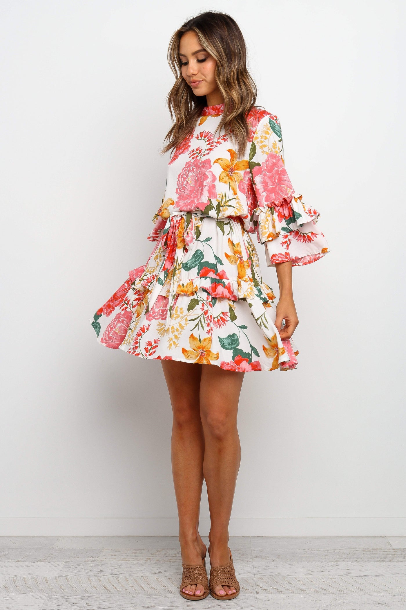 Floral High Neck Ruffle Sleeve Tiered Mini Dress 4