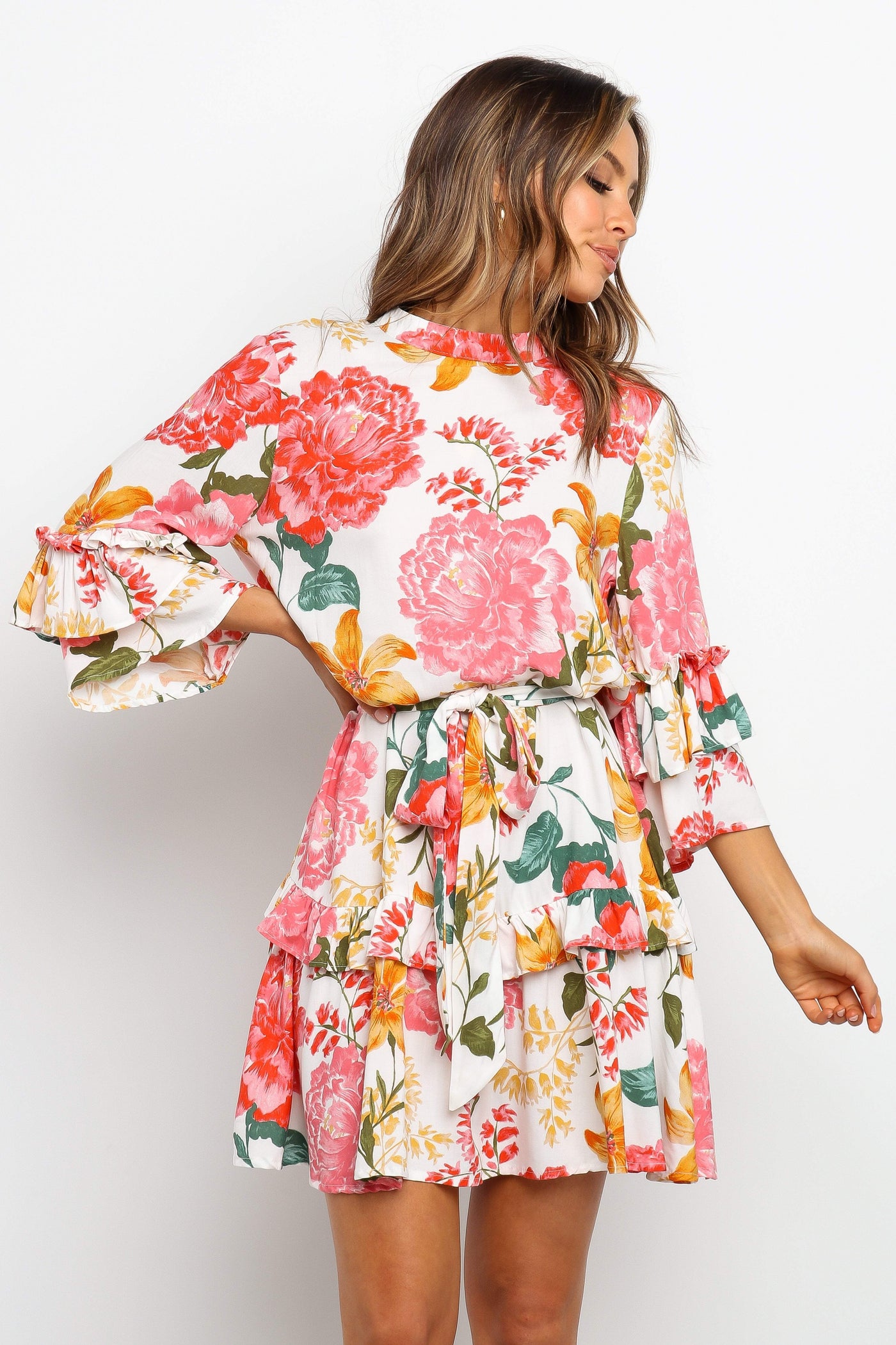Floral High Neck Ruffle Sleeve Tiered Mini Dress 5