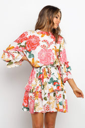 Floral High Neck Ruffle Sleeve Tiered Mini Dress 13
