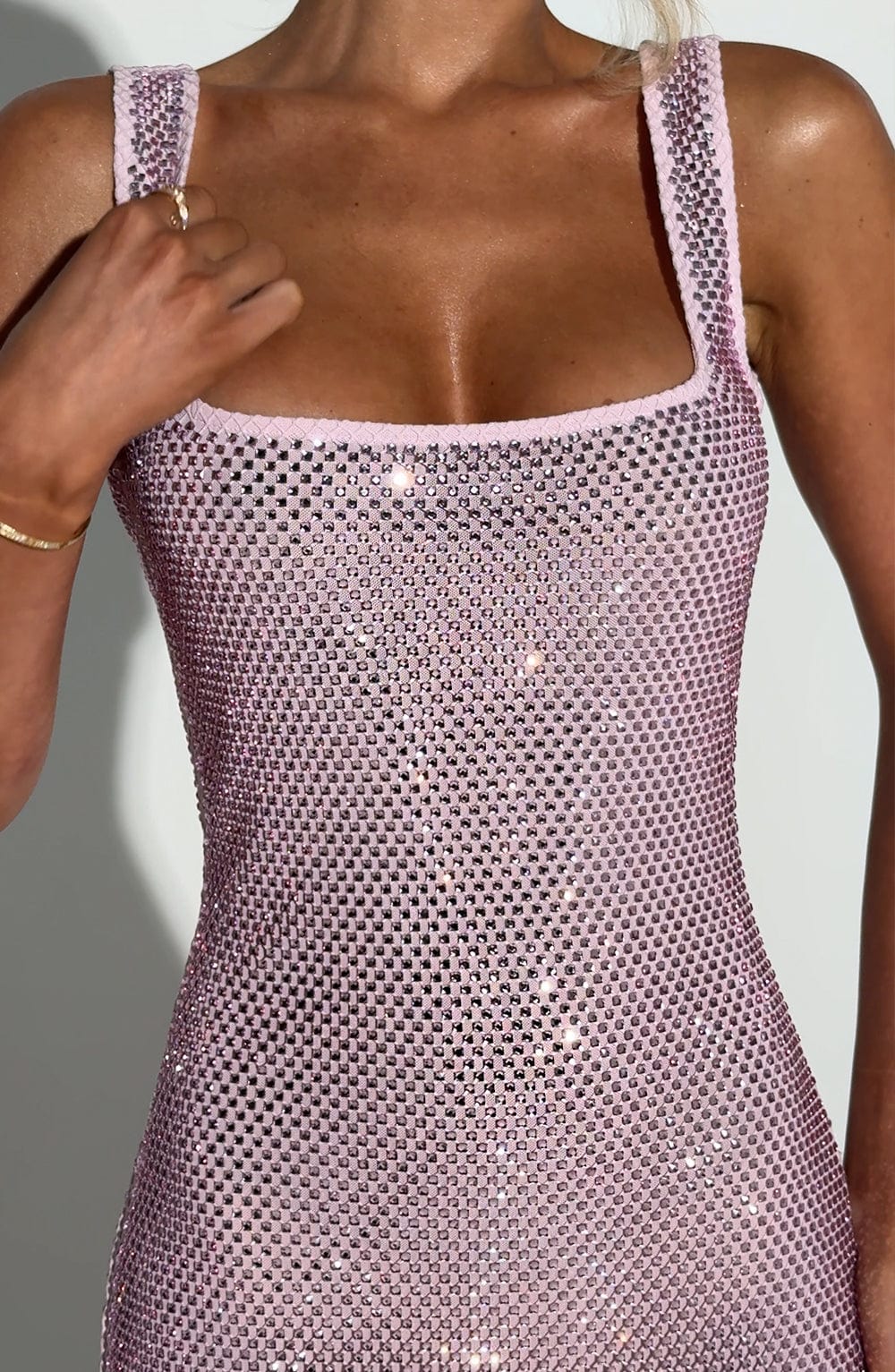 Rhinestone Mesh Square Neck Wide Strap Bodycon Mini Dress 3