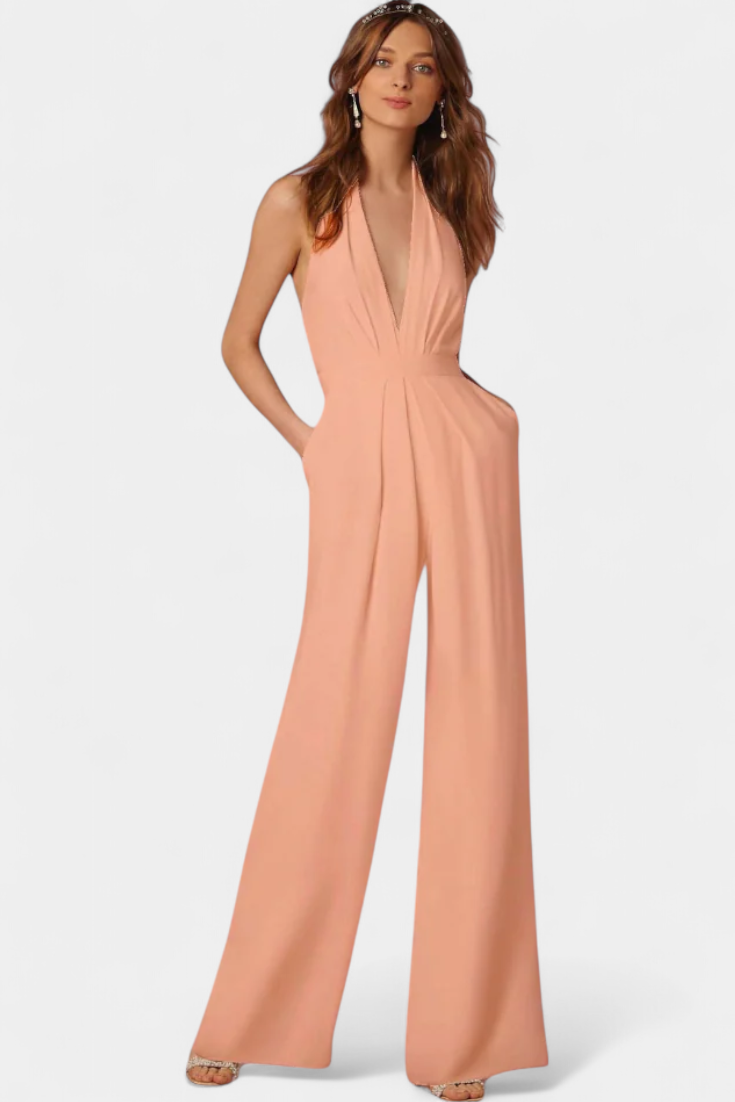 Deep V-Neck Halter Wide Leg Jumpsuit