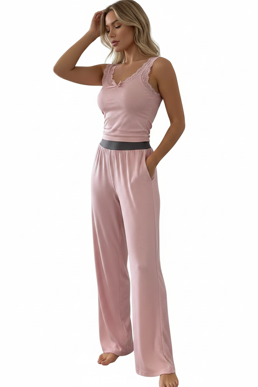 Women's Ribbed Pajama Set with Lace Accents | Soft & Comfortable Loung