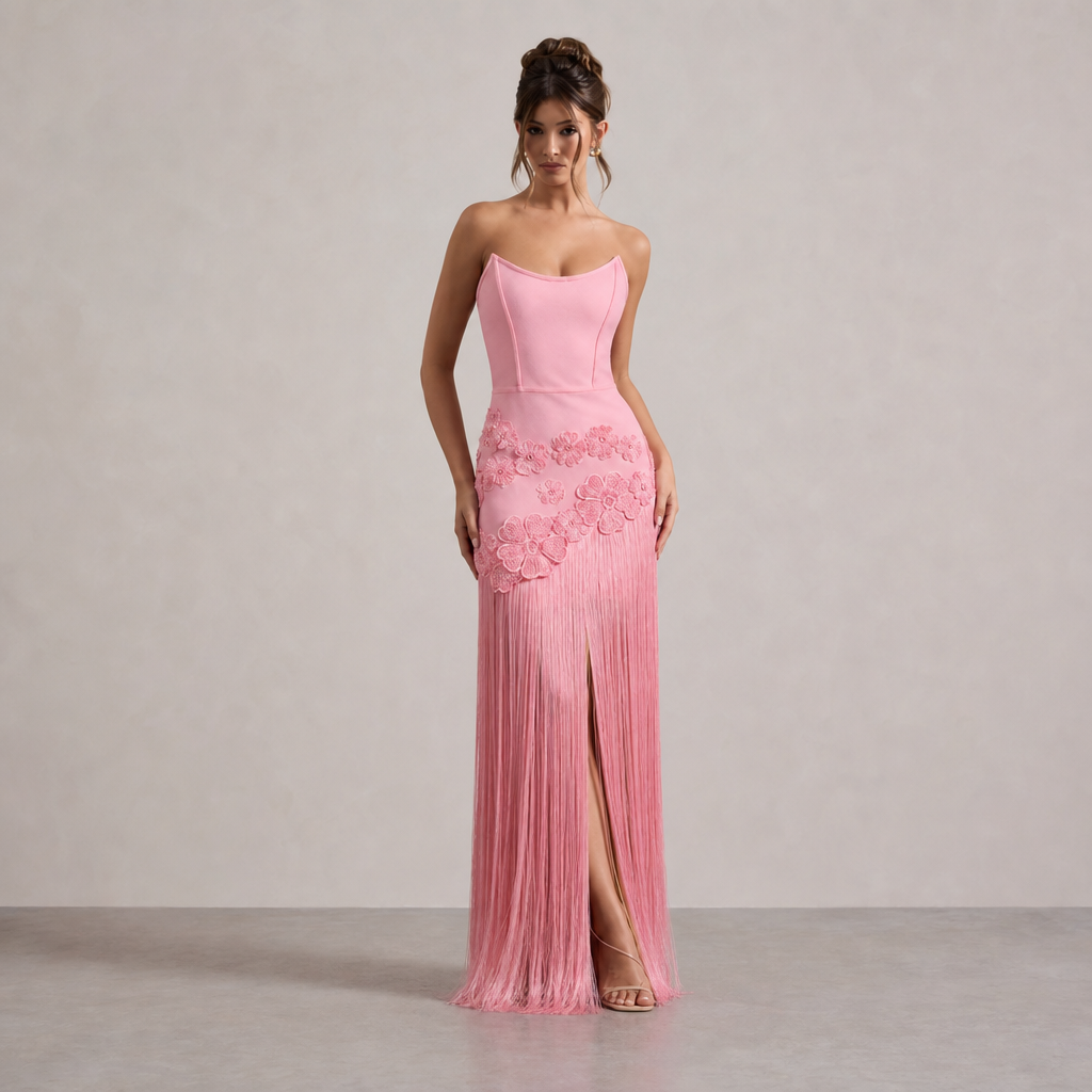 Strapless Floral Applique Fringe Split Maxi Gown 5