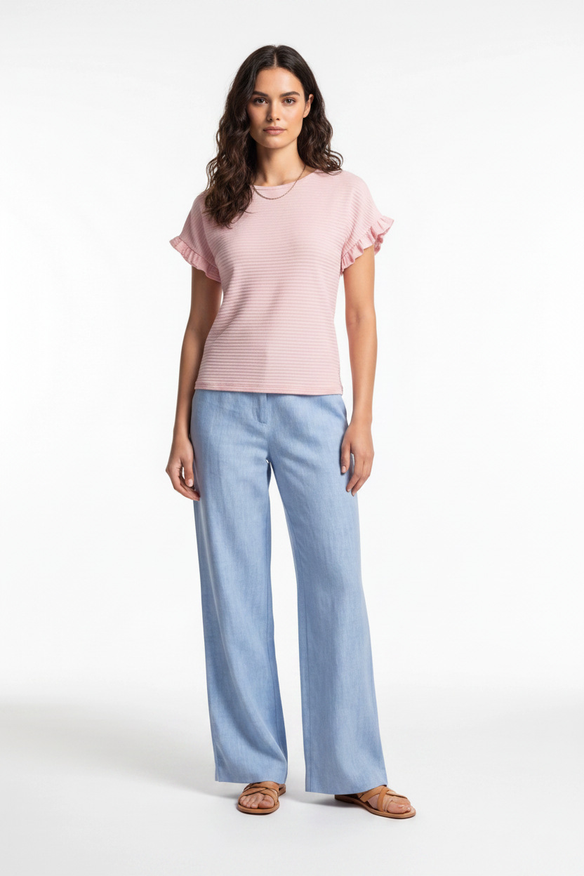 Charming Textured Ruffle Sleeve T-Shirt with Soft Fabric and Relaxed F