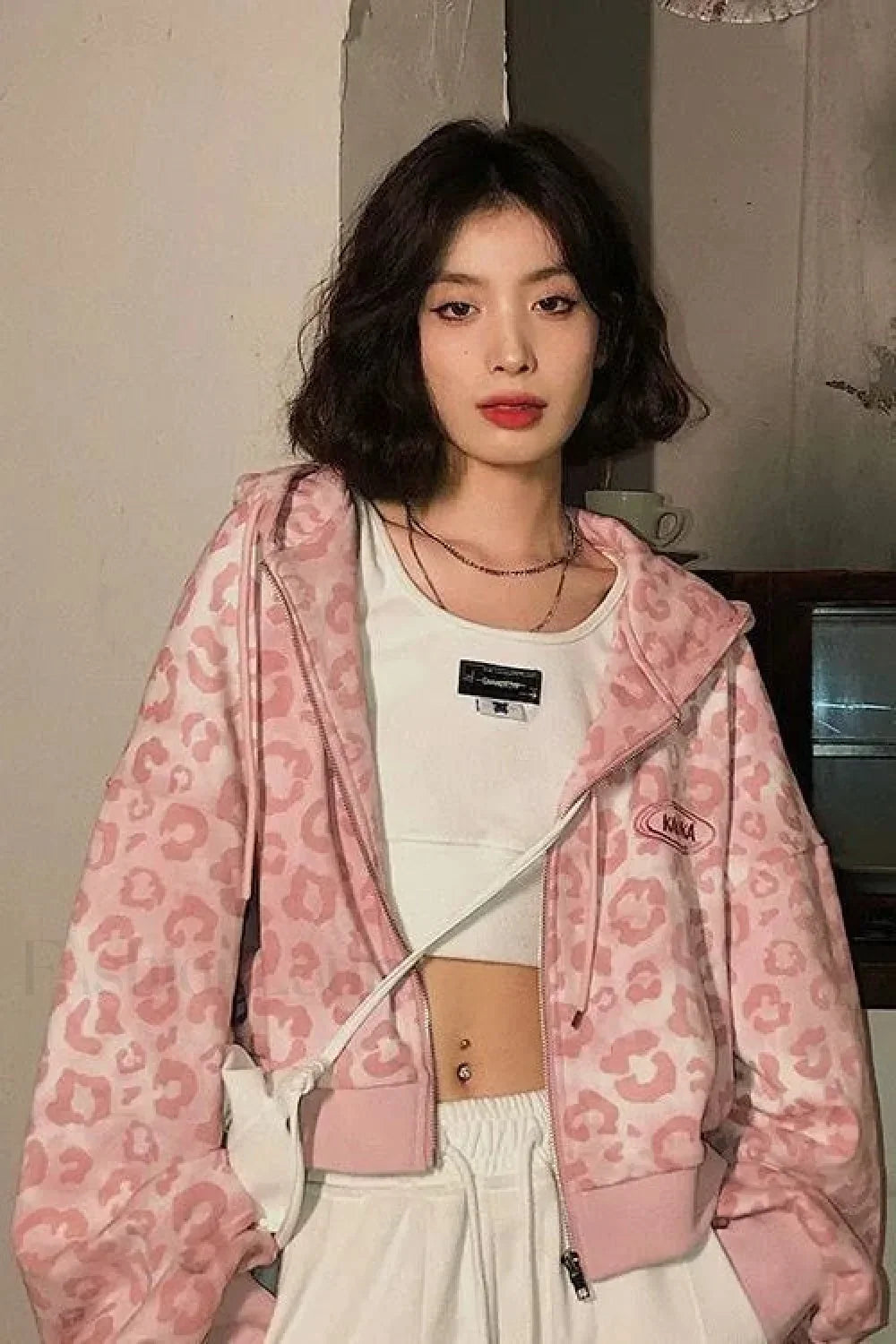 Pink Leopard Print Hooded Zip-up Hoodie