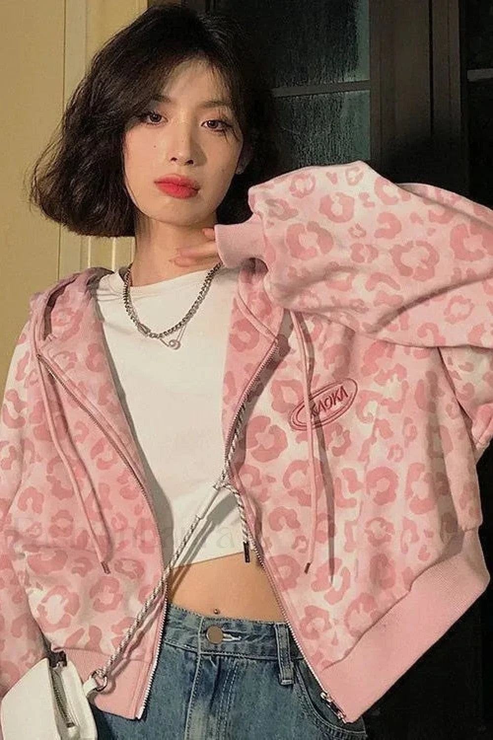 Pink Leopard Print Hooded Zip-up Hoodie