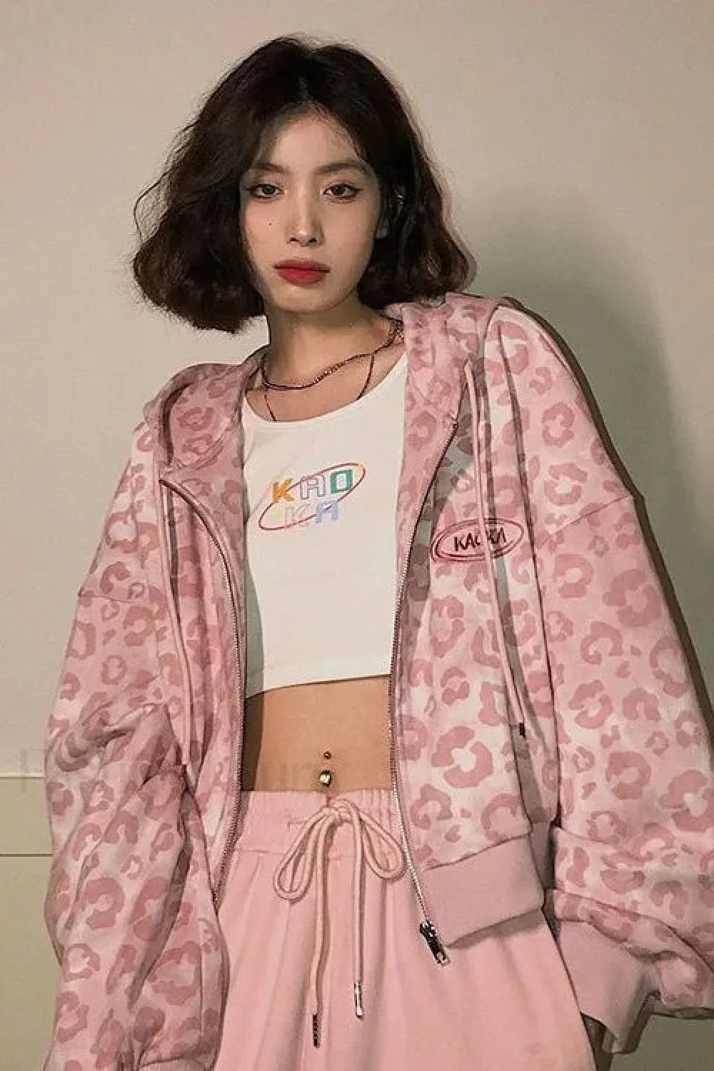 Pink Leopard Print Hooded Zip-up Hoodie