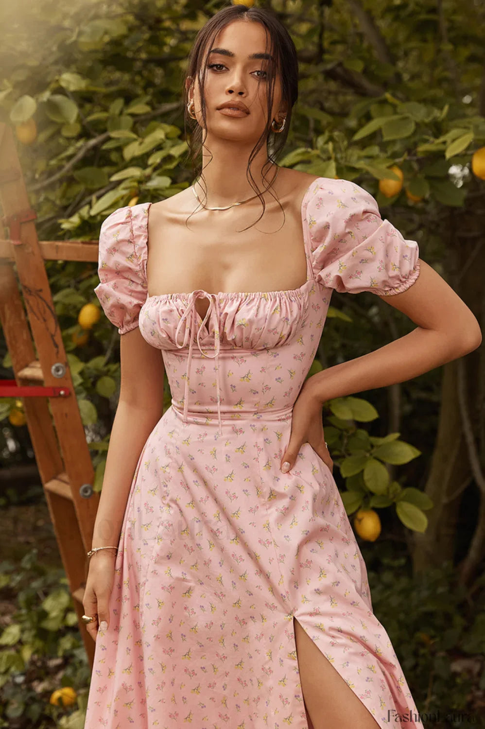 Pink Printed Puff Charming Sleeve Midi Dress