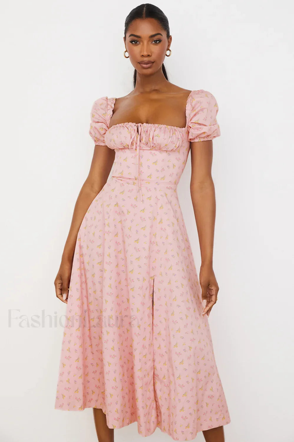 Pink Printed Puff Charming Sleeve Midi Dress XS / Pink Printed