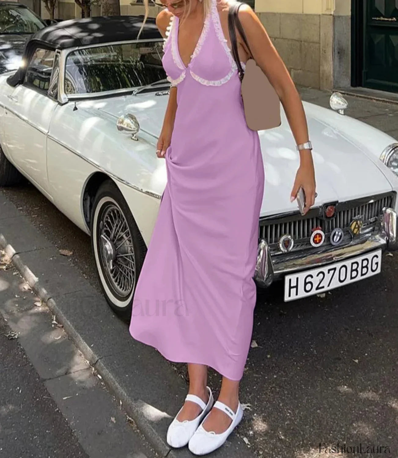 Pink Satin Halter Midi Dress