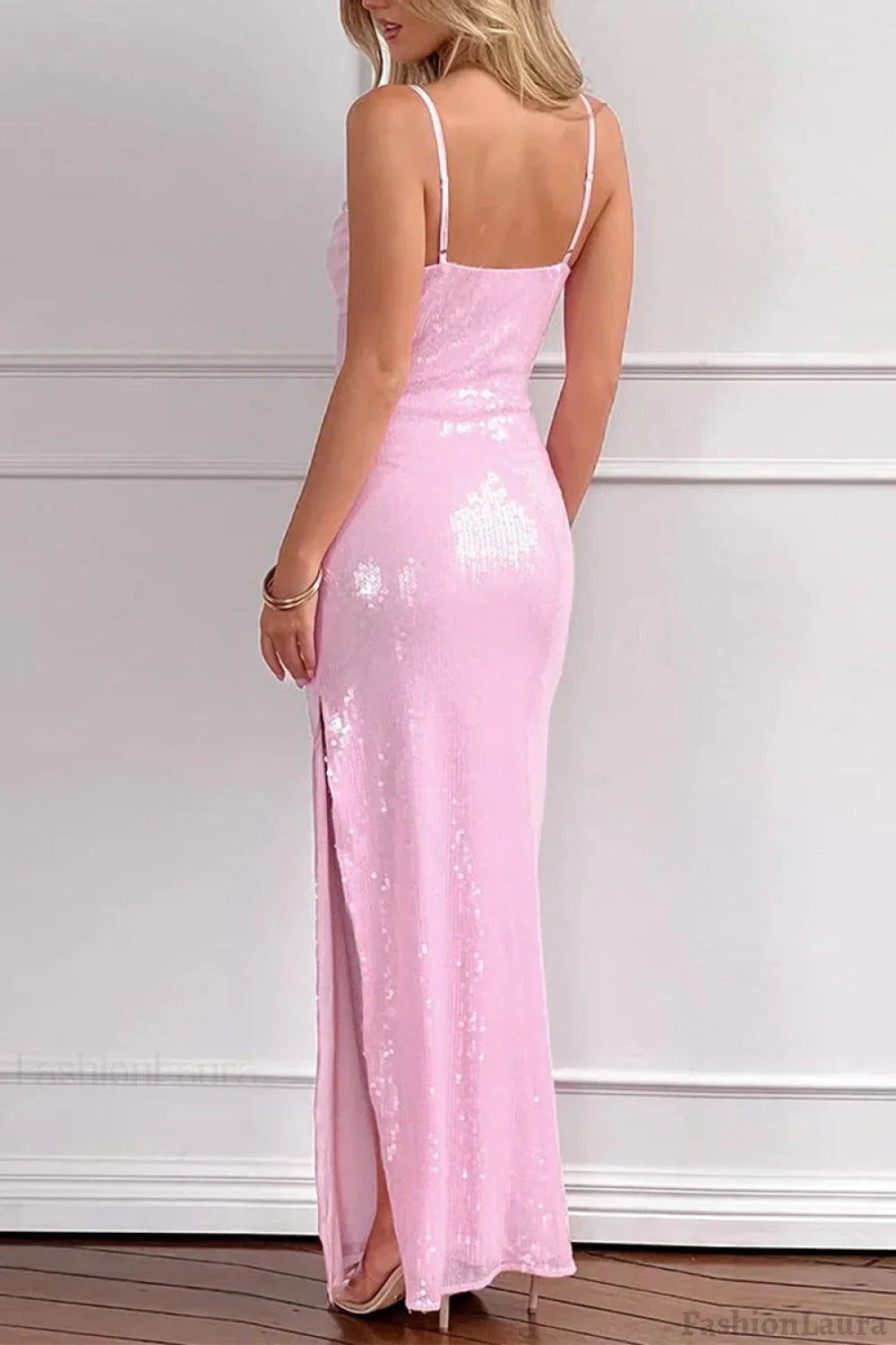 Pink Sequin V-Neck Slit Party Dress