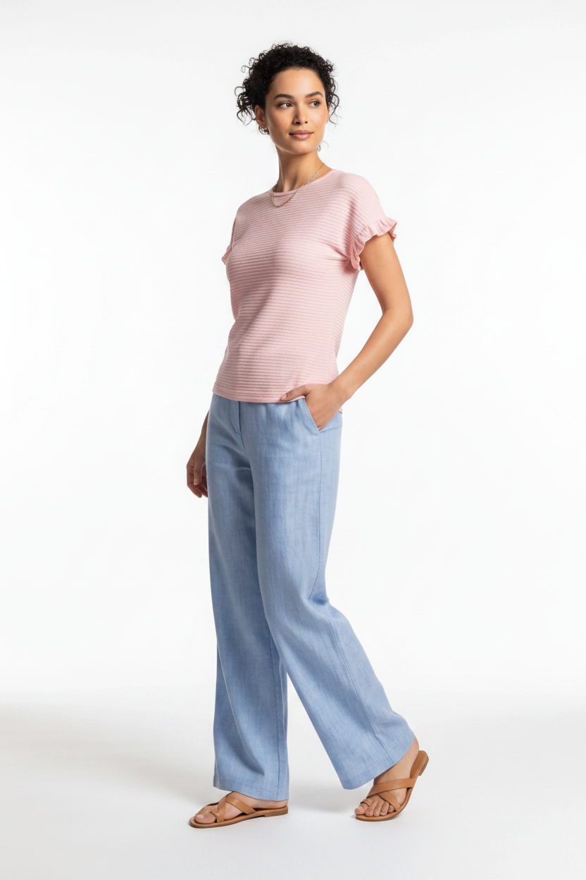 Charming Textured Ruffle Sleeve T-Shirt with Soft Fabric and Relaxed F - Jamota