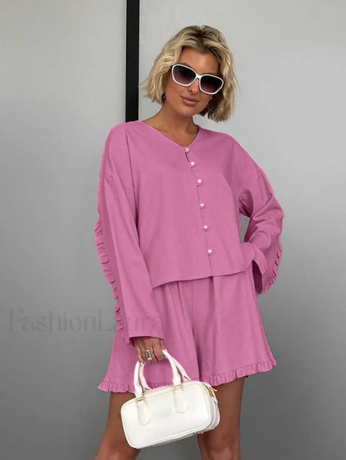 Pink V-Neck Long Sleeve Shorts Two Piece Set