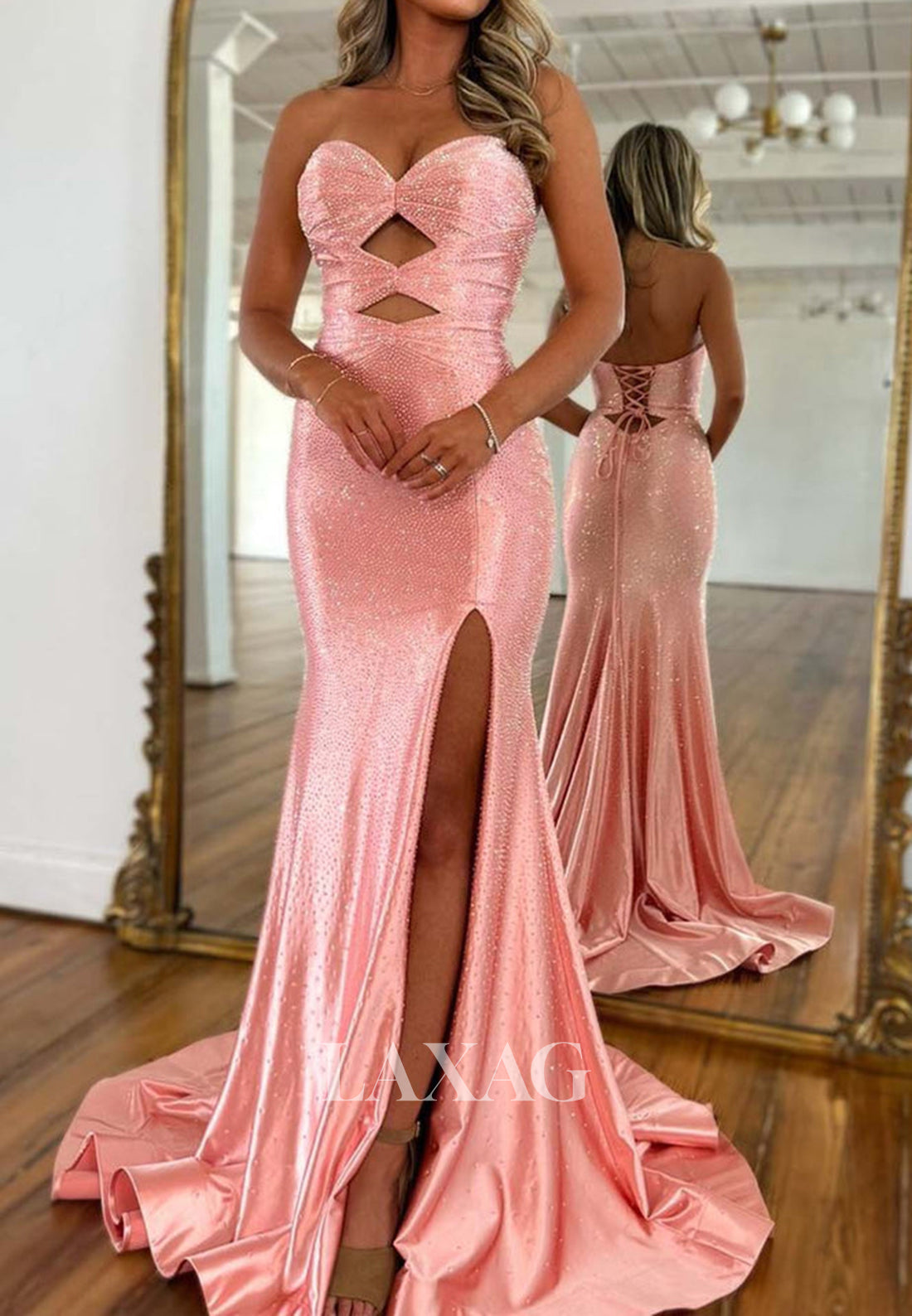 Sweetheart Off-Shoulder Sleeveless Mermaid Prom Dress Fully Beaded Pleated High Slit Formal Gowns