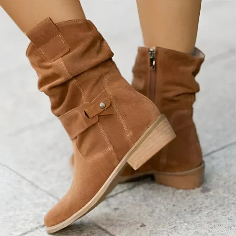 Slouch Suede Look Block Heel Side Zip Mid Calf Boots
