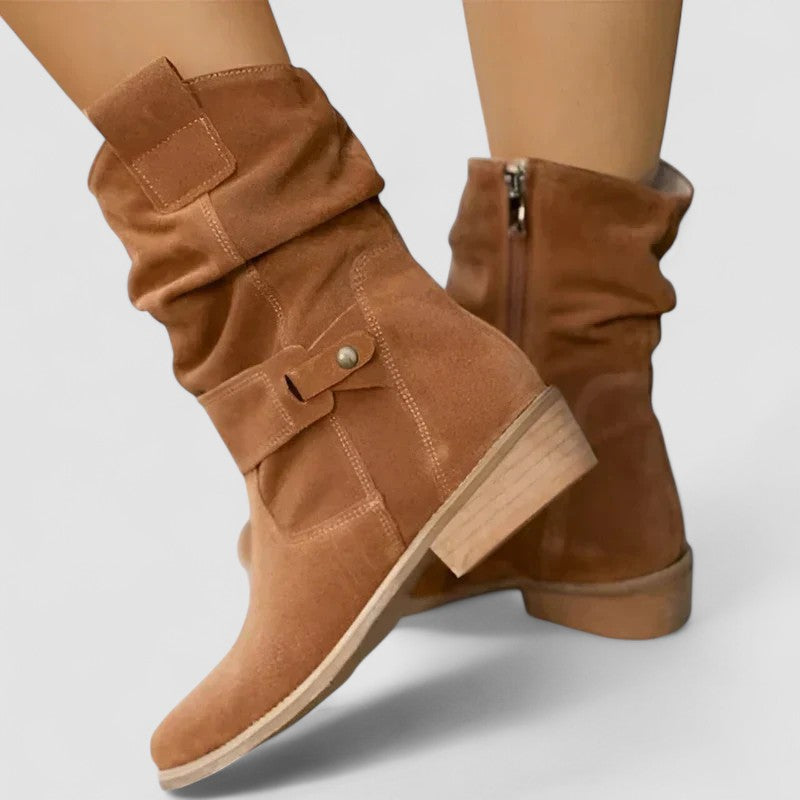 Suede Look Slouch Buckle Strap Block Heel Mid Calf Boots