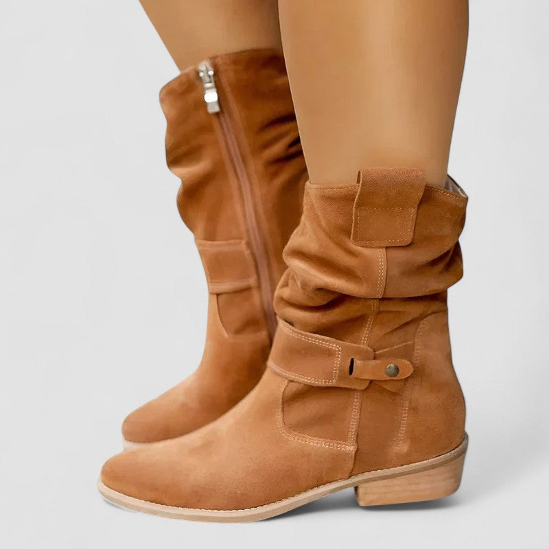 Suede Look Slouch Buckle Strap Block Heel Mid Calf Boots