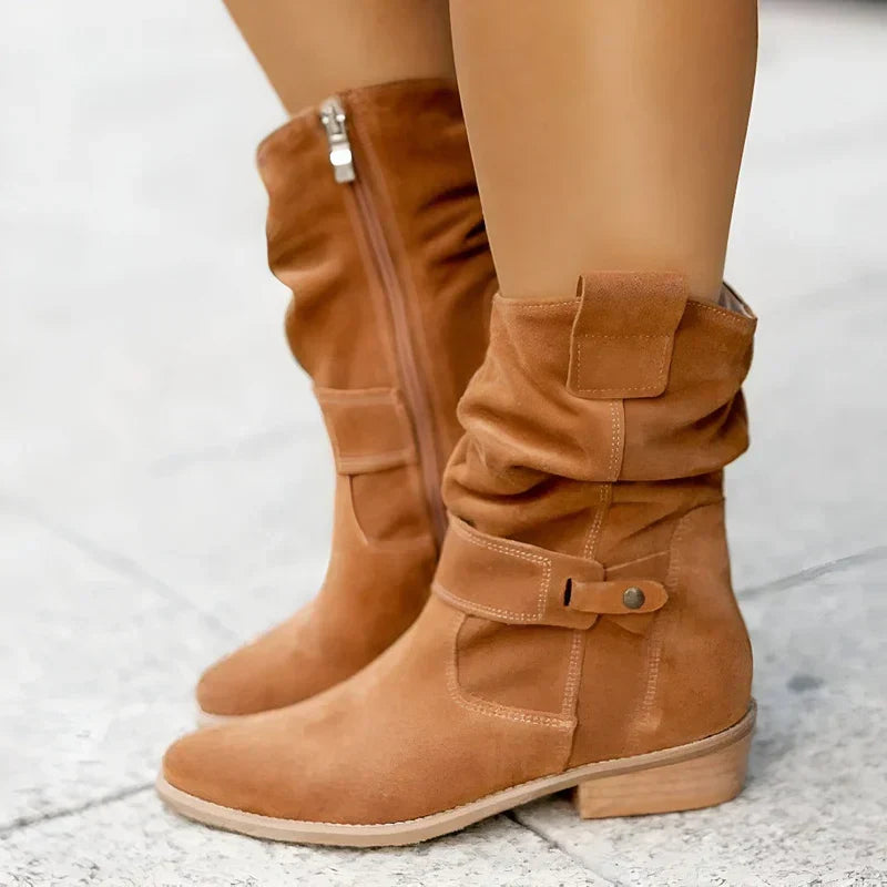 Slouch Suede Look Block Heel Side Zip Mid Calf Boots
