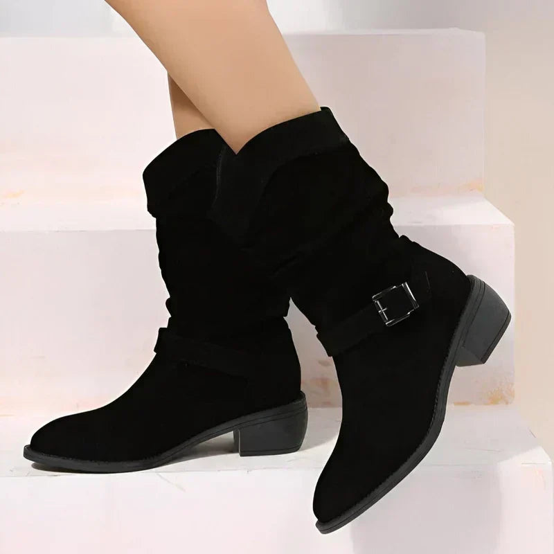 Slouch Suede Look Block Heel Side Zip Mid Calf Boots