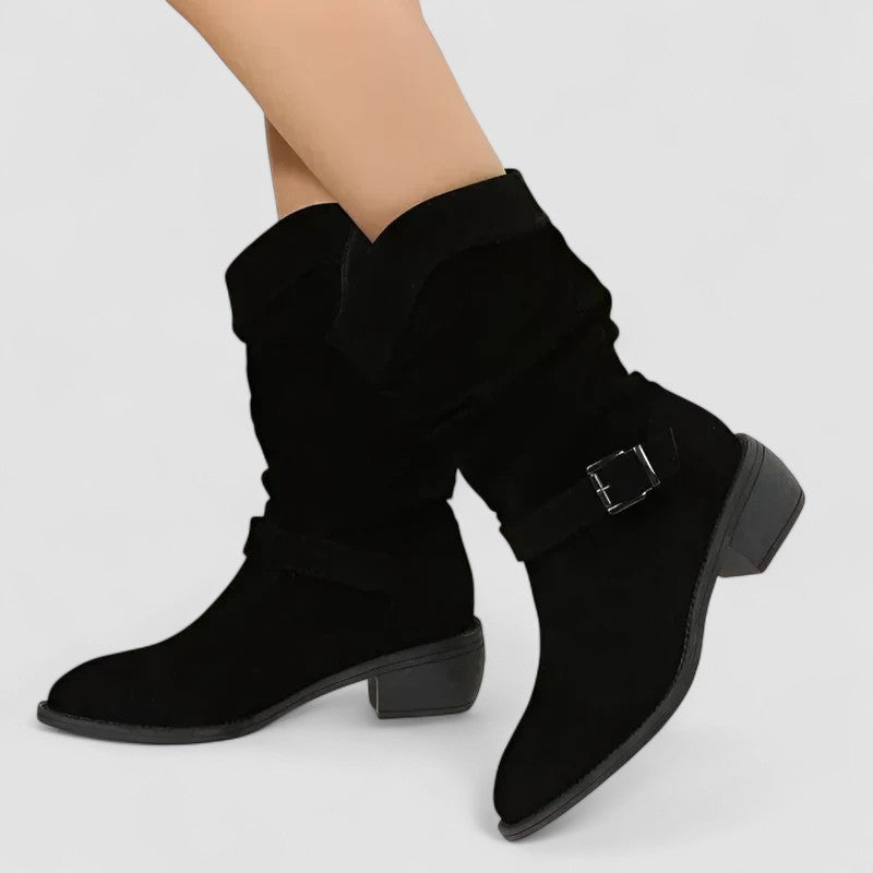 Suede Look Slouch Buckle Strap Block Heel Mid Calf Boots