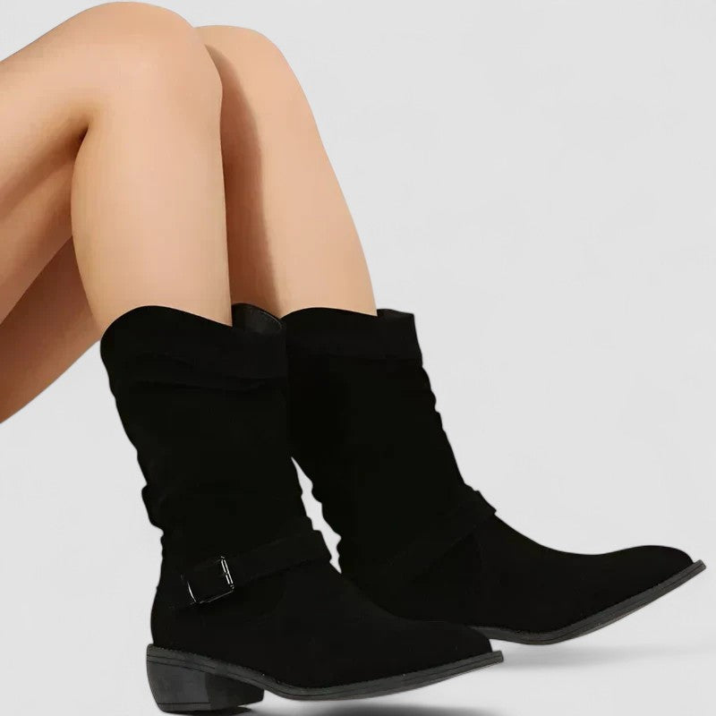 Suede Look Slouch Buckle Strap Block Heel Mid Calf Boots