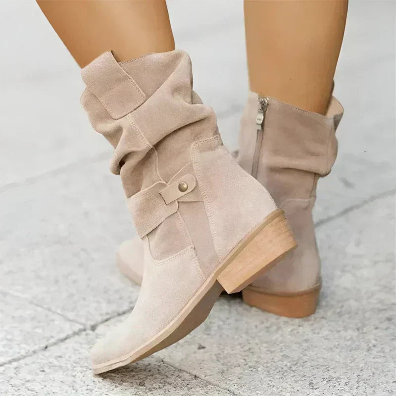 Slouch Suede Look Block Heel Side Zip Mid Calf Boots