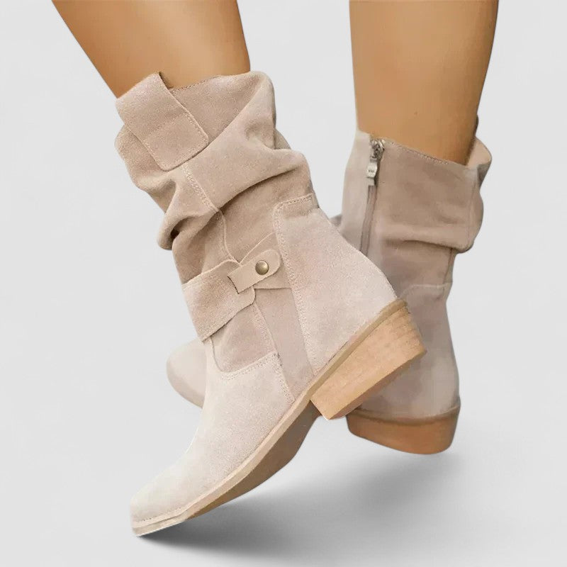 Suede Look Slouch Buckle Strap Block Heel Mid Calf Boots
