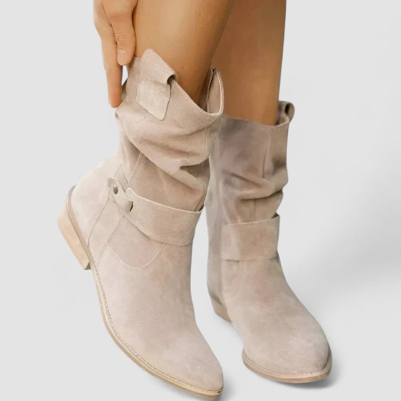 Suede Look Slouch Buckle Strap Block Heel Mid Calf Boots