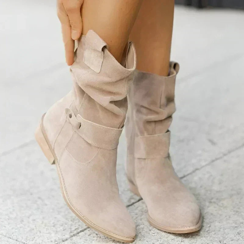 Slouch Suede Look Block Heel Side Zip Mid Calf Boots