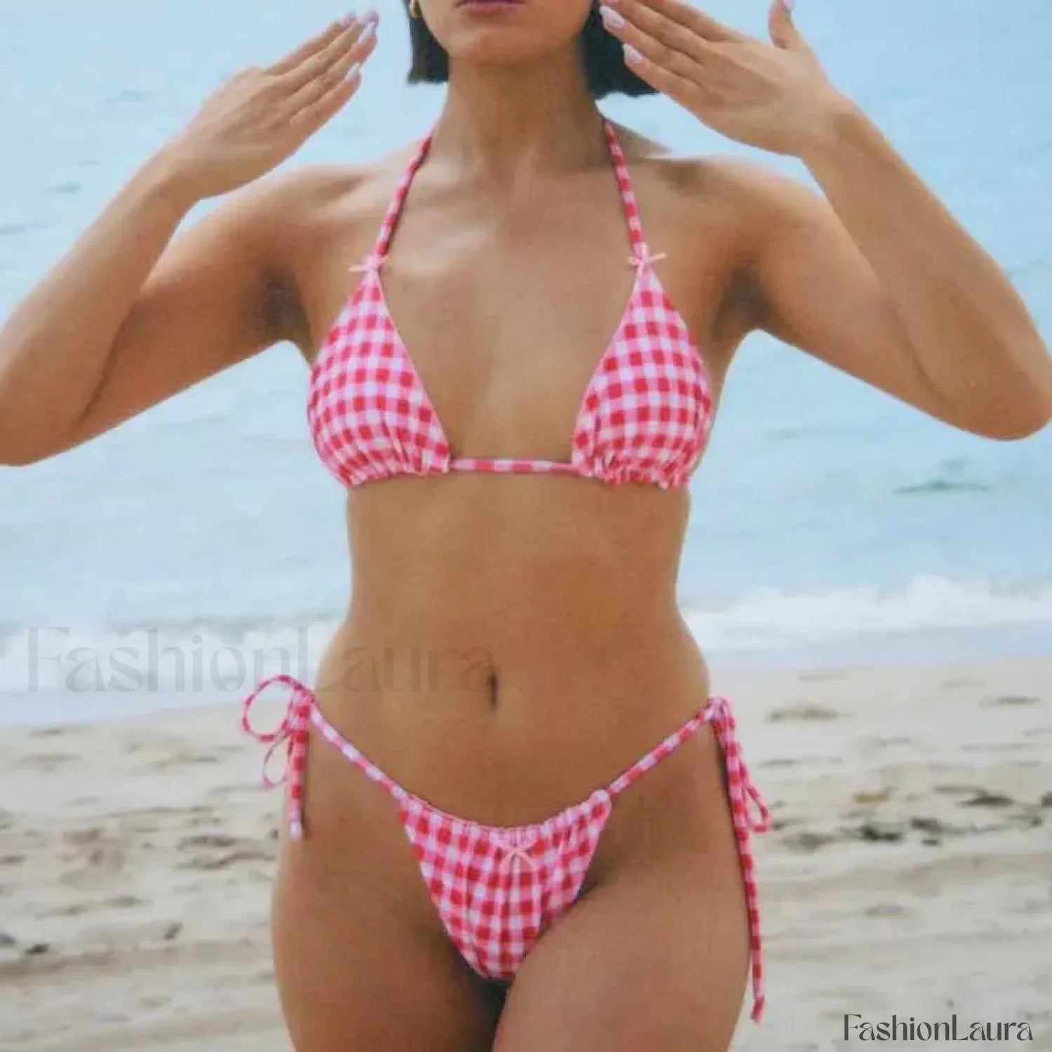Plaid Backless Tie-Up Bikini Set