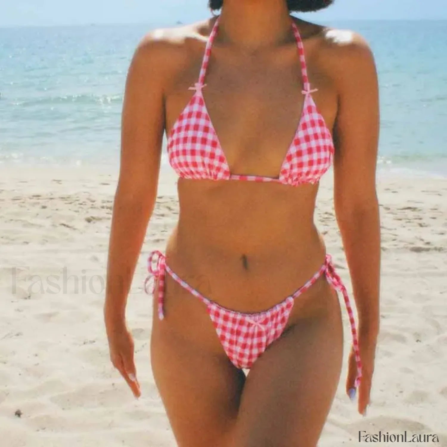 Plaid Backless Tie-Up Bikini Set