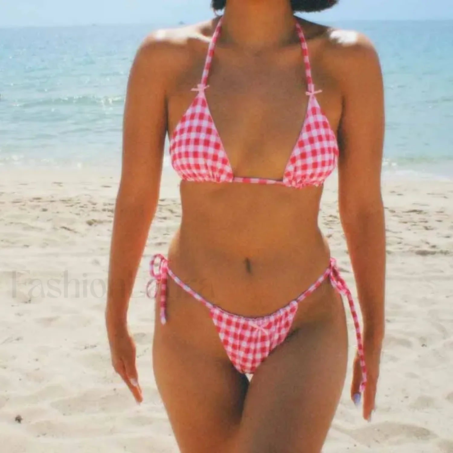 Plaid Backless Tie-Up Bikini Set