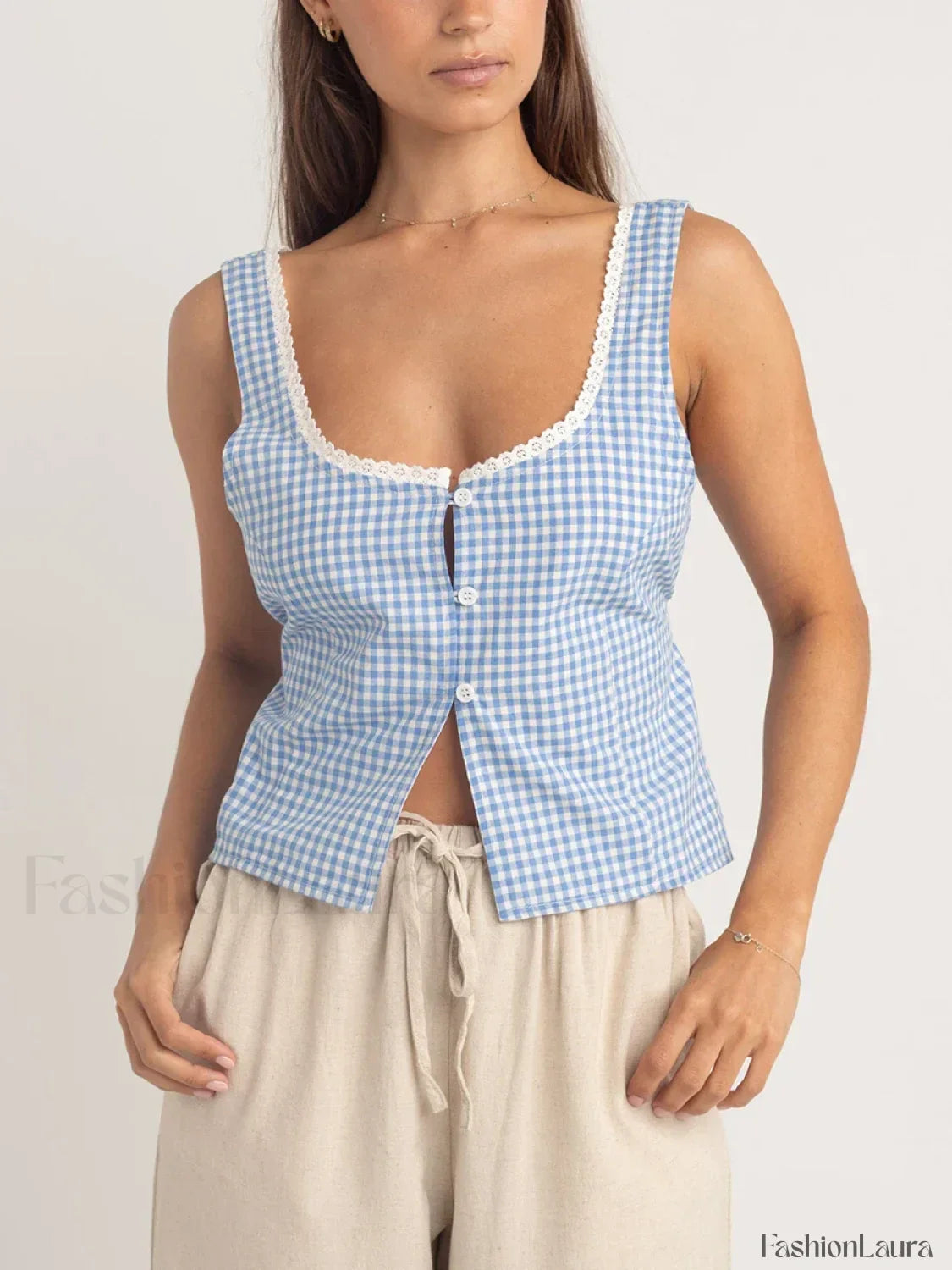 Plaid Button-Up Scoop Crop Top