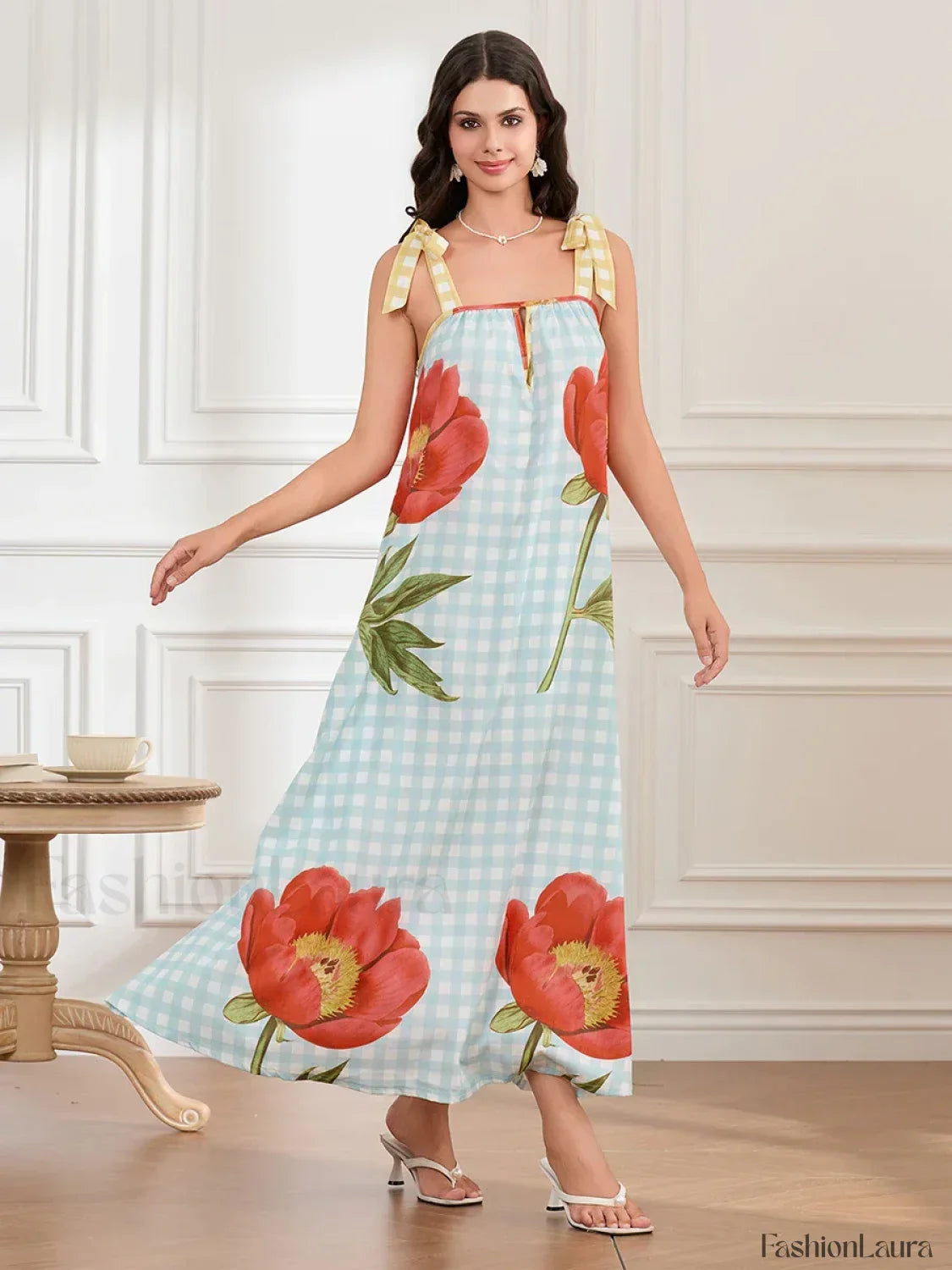 Plaid Flower Loose Tank Maxi Dress