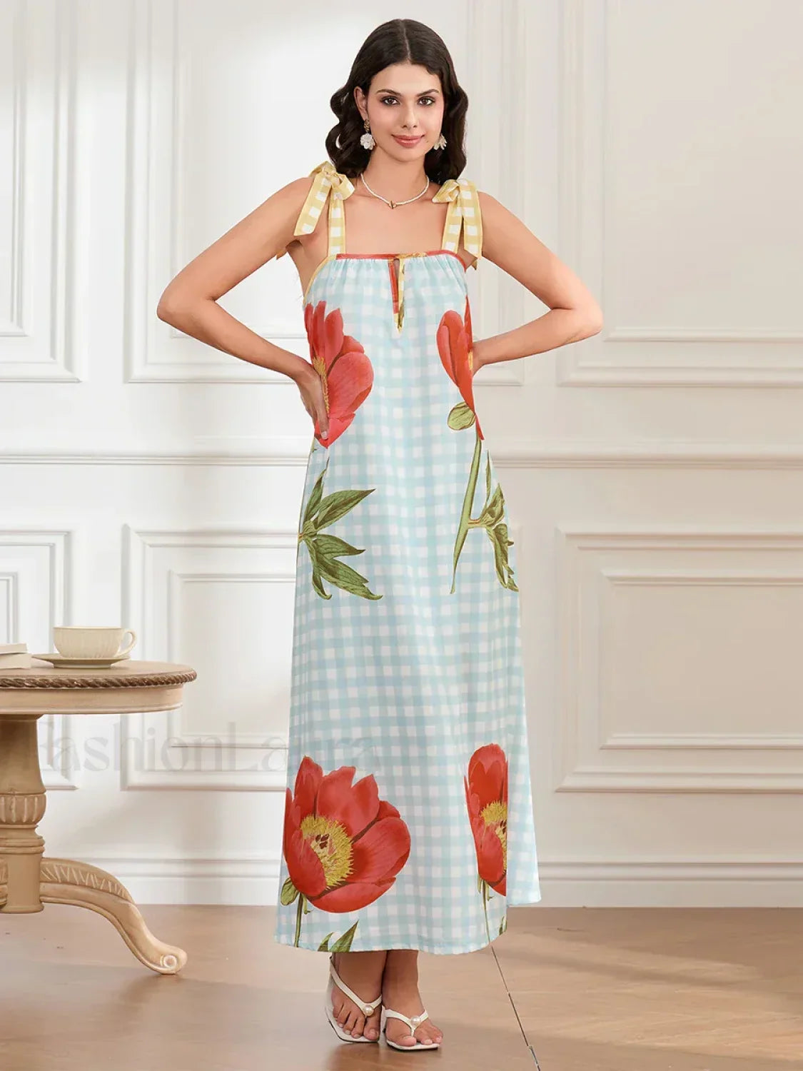 Plaid Flower Loose Tank Maxi Dress