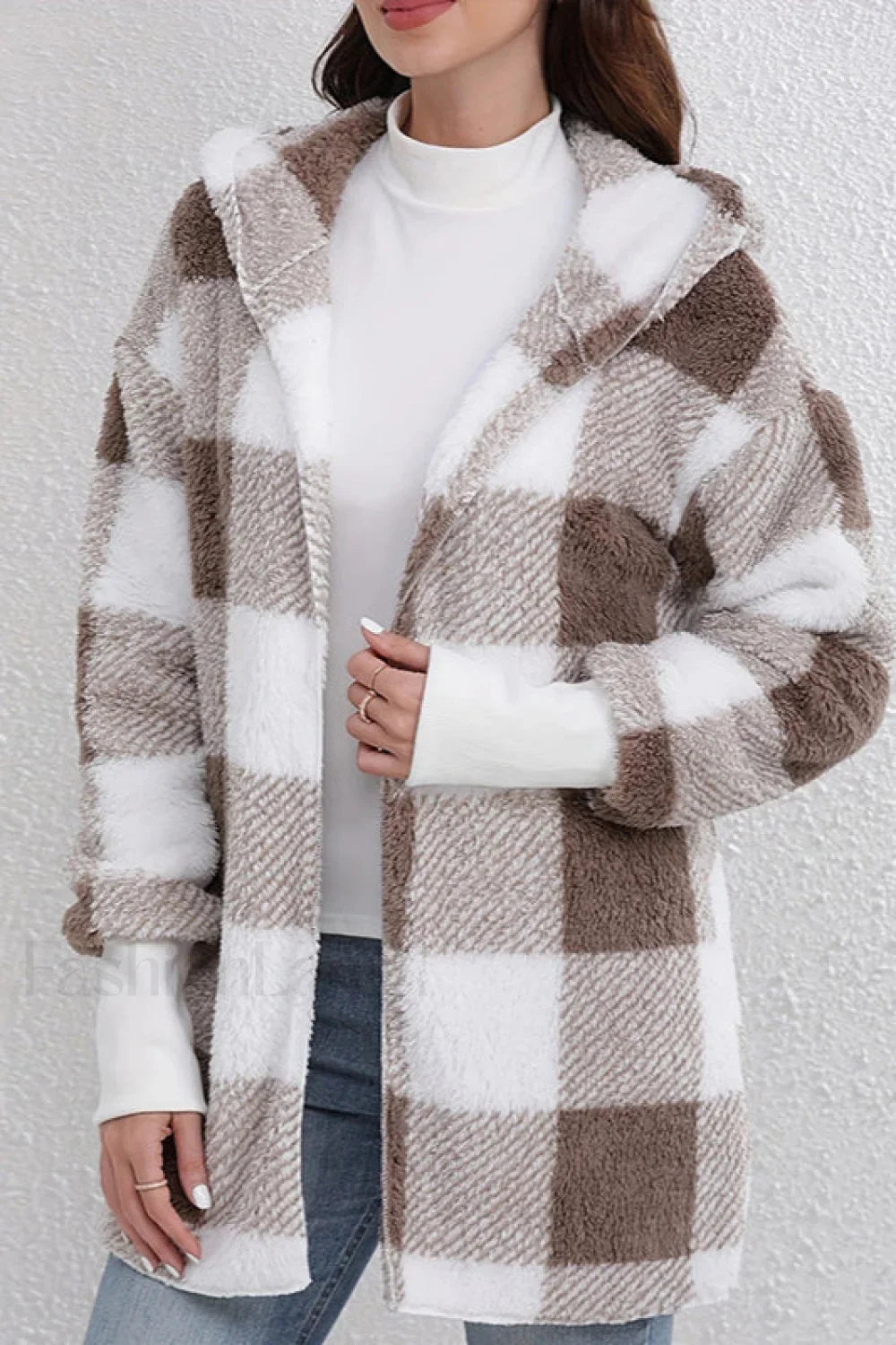 Plaid Fuzzy Hooded Mid Length Coat Brown / S