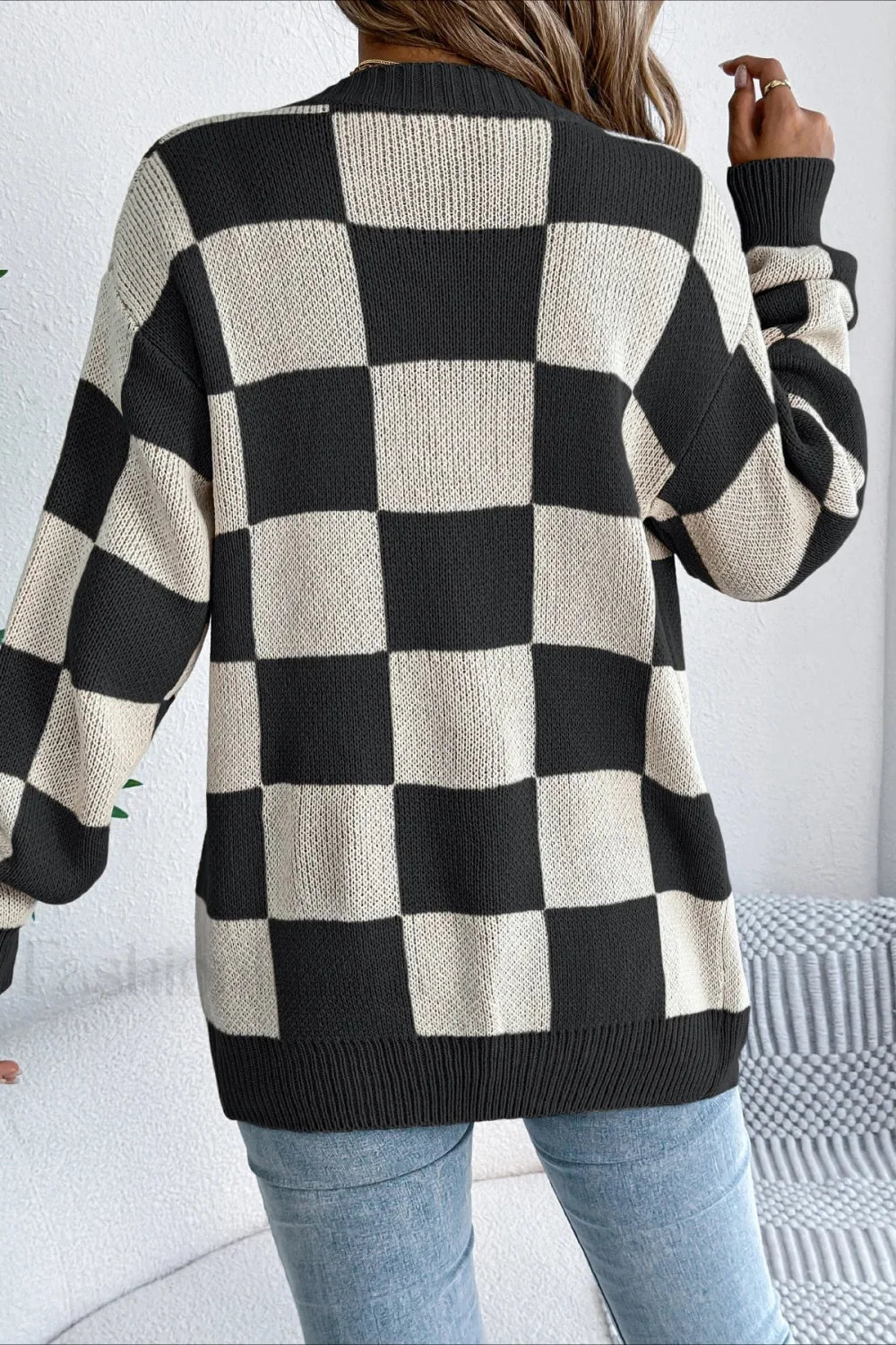 Plaid Knit Casual Loose Cardigan