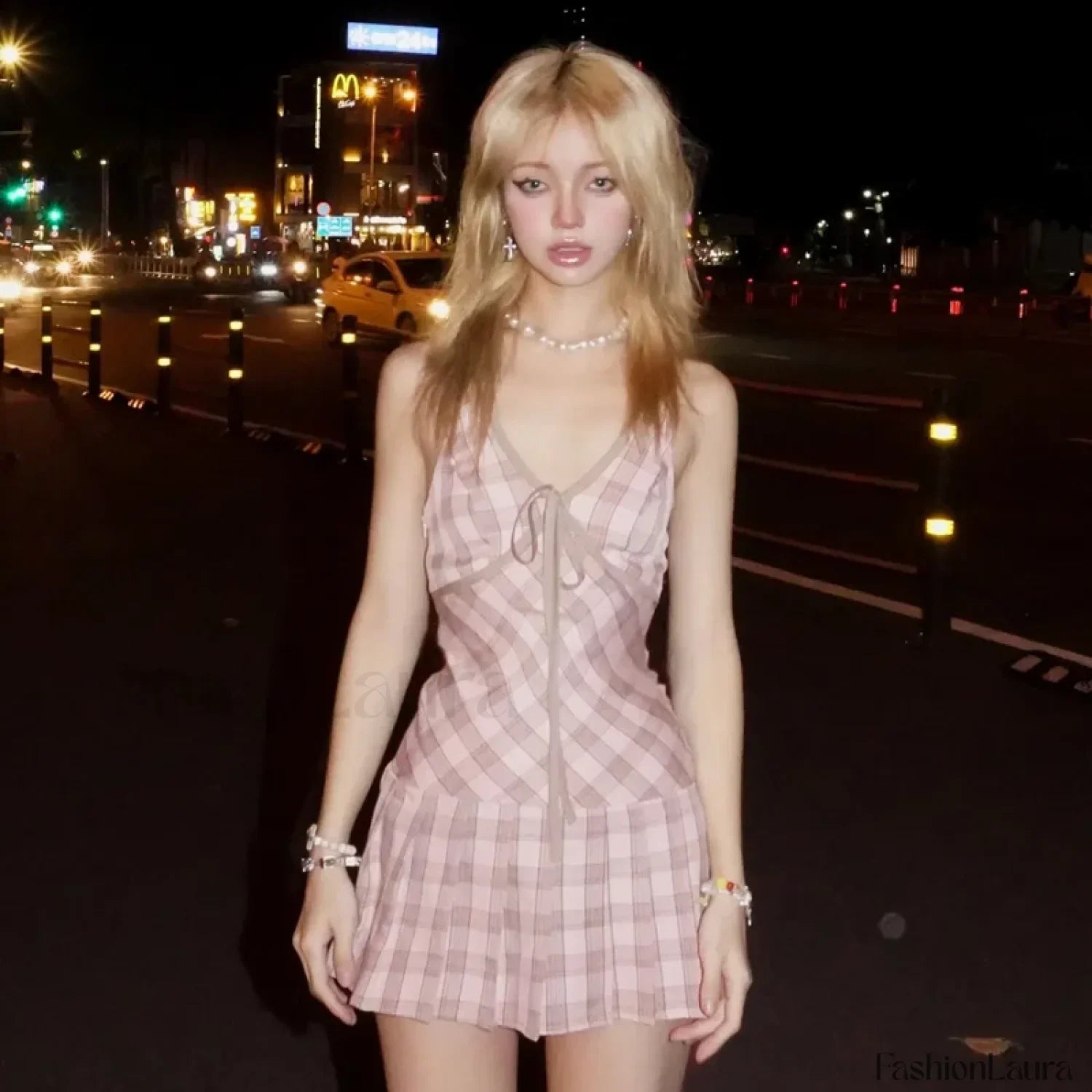 Plaid Lace-Up V-Neck Mini Dress