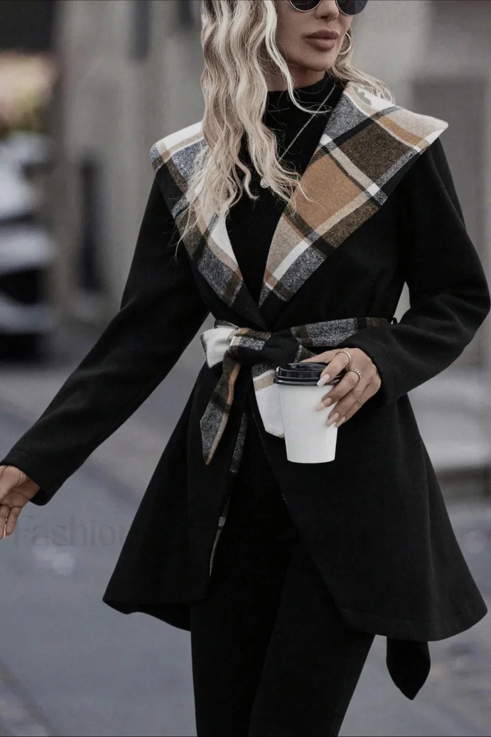 Plaid Patchwork Belted Wool Coat