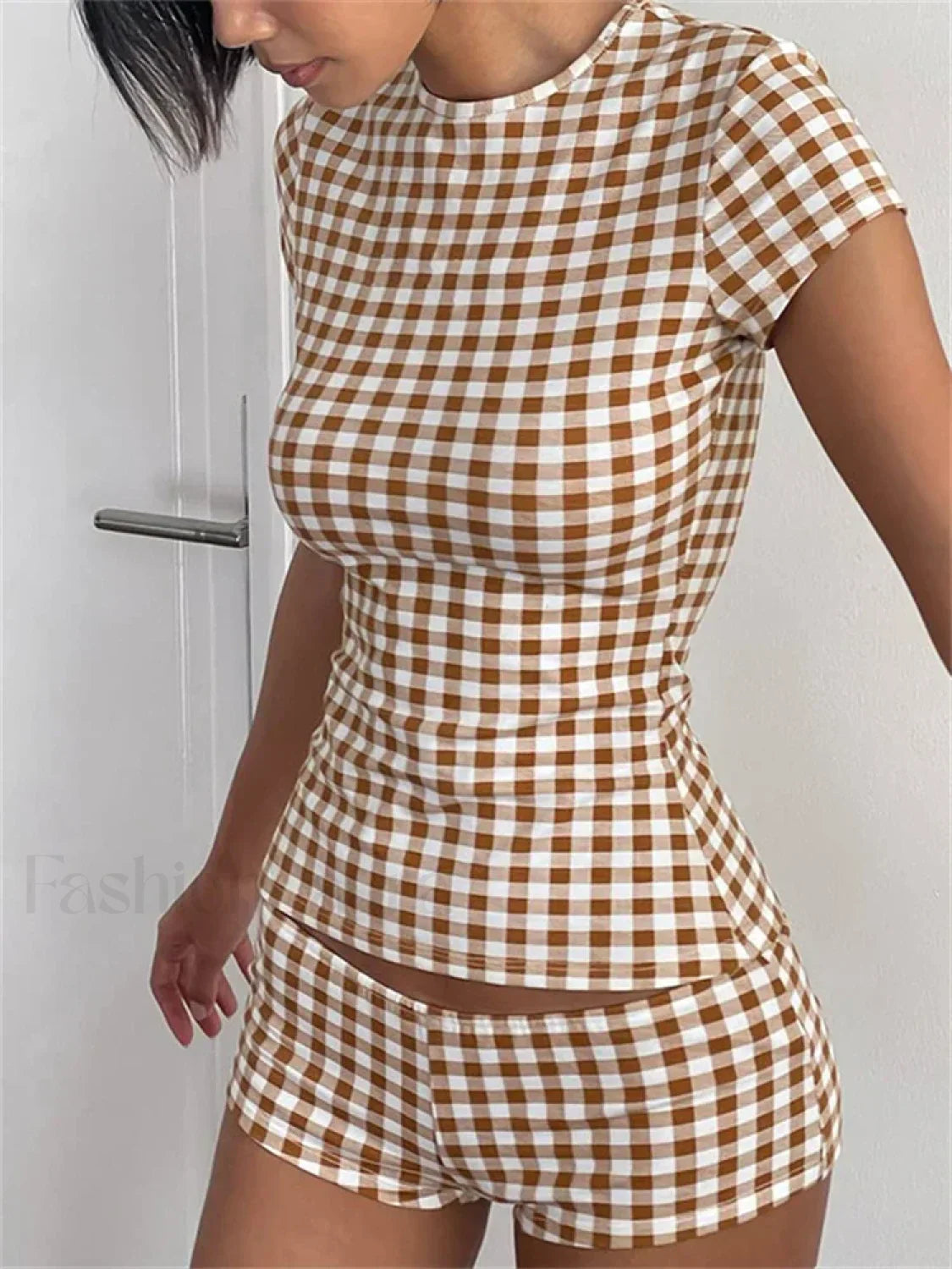 Plaid Short Sleeve Shorts Two Piece Set